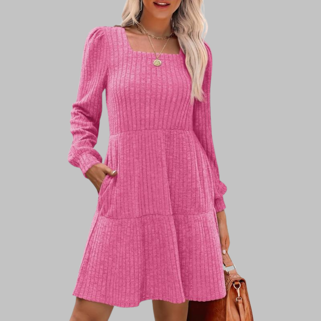 ULAN™ - Casual Square Neck Long Sleeve Midi Dress