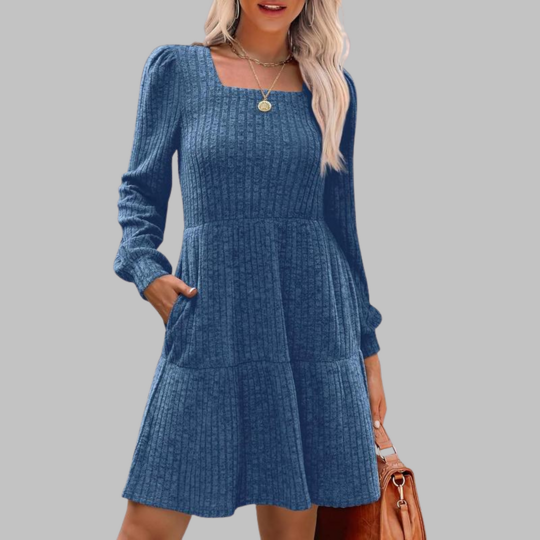 ULAN™ - Casual Square Neck Long Sleeve Midi Dress
