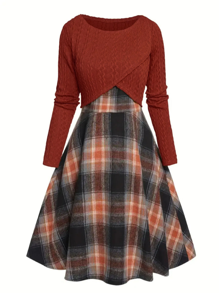 JORY™ - Vintage Round Neck Long Sleeve Crop Top and Plaid Dress