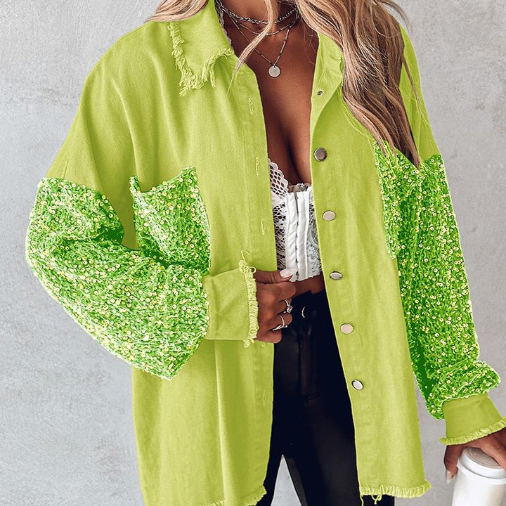 NENITA™ - Chic Oversized Sequin Hem Collared Button Down Jacket
