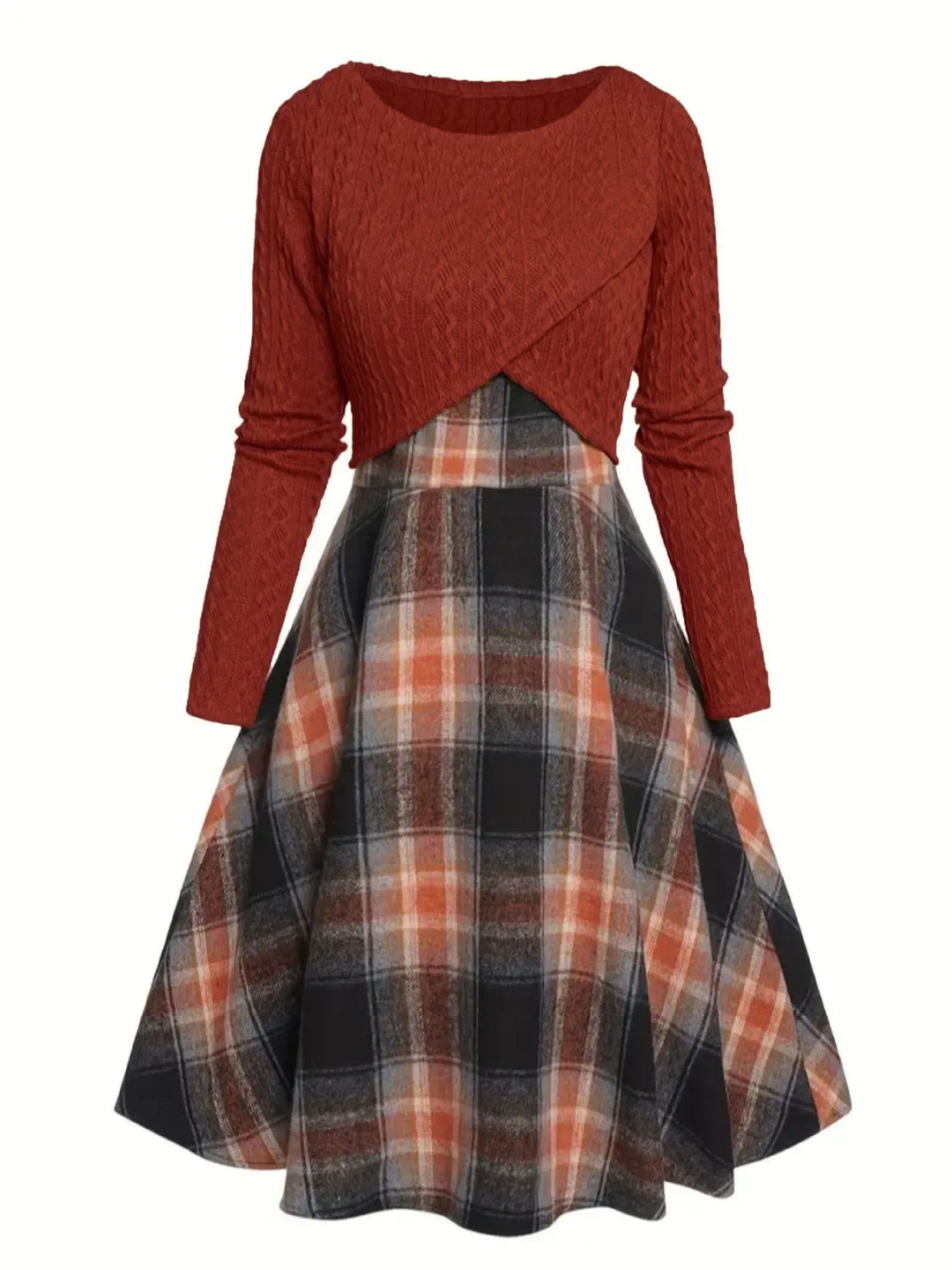 JORY™ - Vintage Round Neck Long Sleeve Crop Top and Plaid Dress